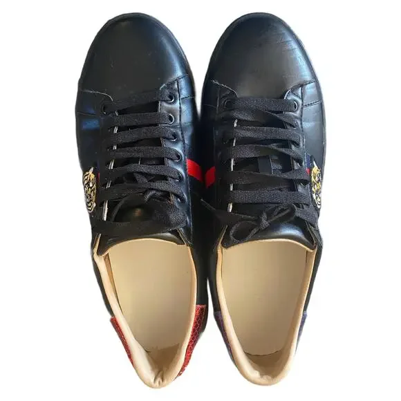 Gucci Ace Embroidered Tiger low-top black leather sneaker size 8 - Picture 3 of 6